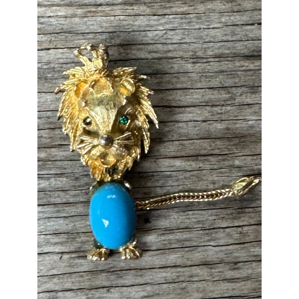 Turquoise Lucite Jelly Belly Leo Lion King Pin Brooch Articulated Tail 1 7/8" - Picture 3 of 6